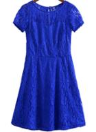 Romwe With Zipper Lace Hollow Pleated Blue Dress