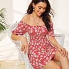 Romwe Off Shoulder Floral And Polka Dot Print Dress