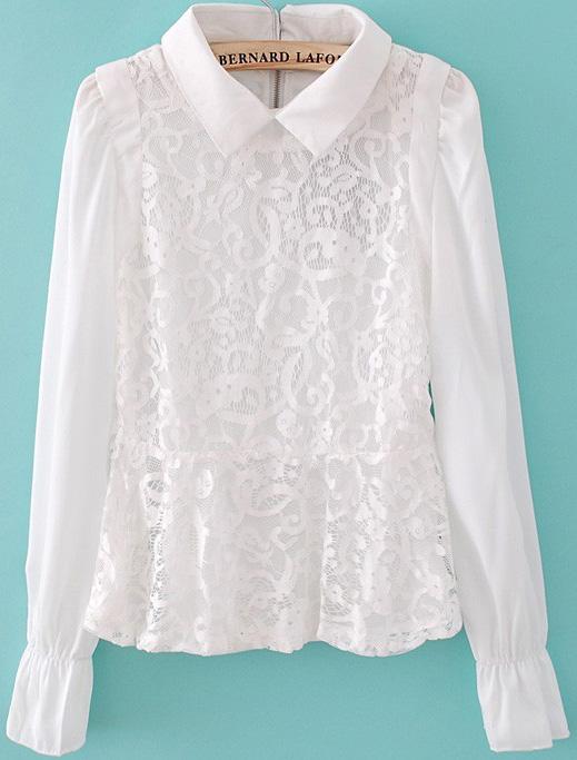 Romwe Lapel Lace White Blouse