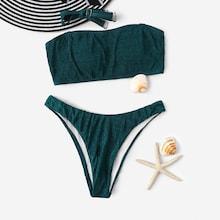 Romwe Smocked Bandeau With High Cut Bikini Set