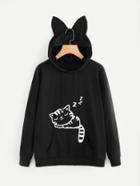 Romwe Ear Hooded Cat Print Sweatshirt