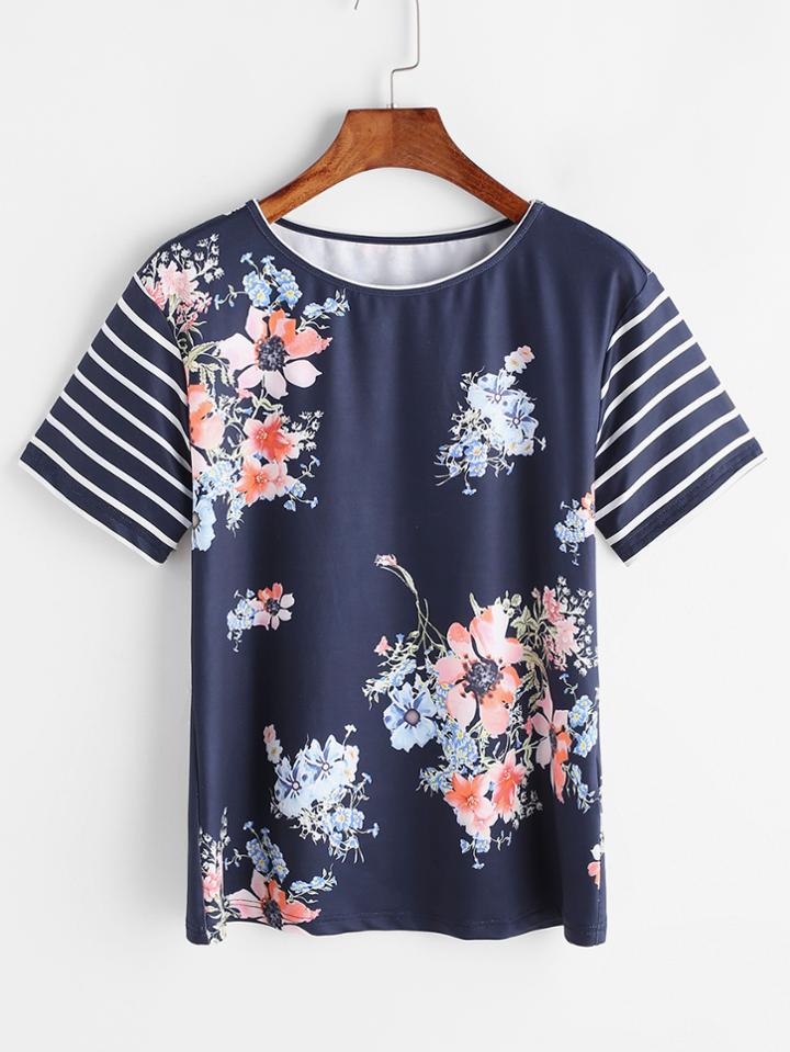 Romwe Navy Floral Print Striped Sleeve T-shirt