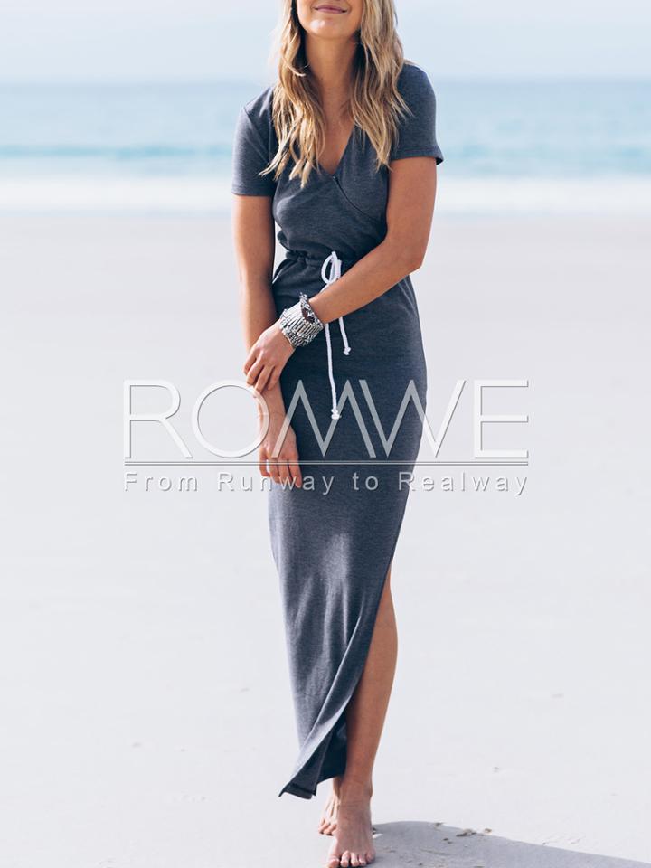 Romwe Blue Short Sleeve Split Maxi Dress