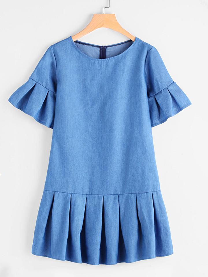 Romwe Frill Trim Drop Hem Chambray Dress