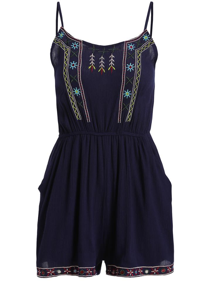 Romwe Spaghetti Strap Embroidered Jumpsuit
