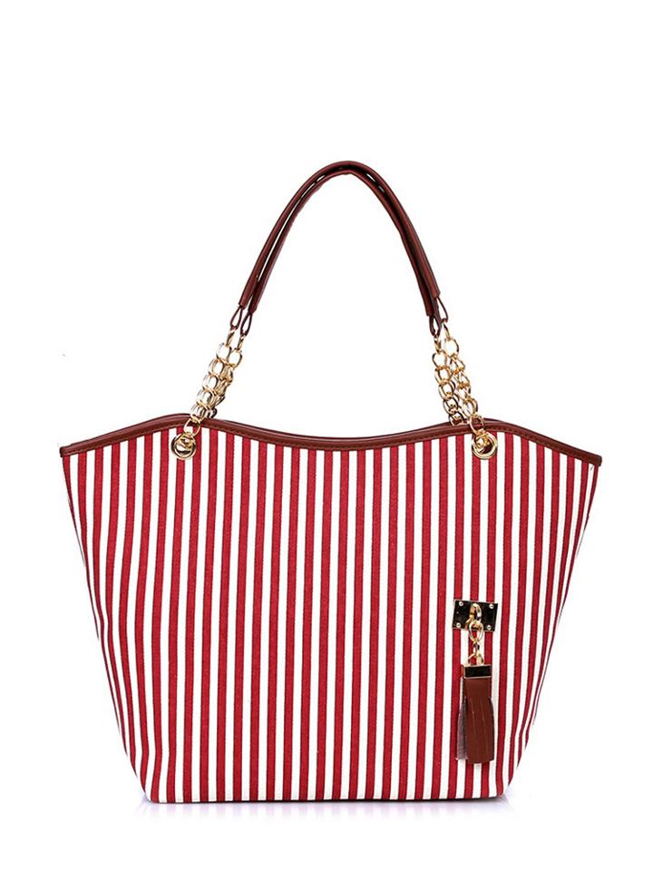 Romwe Vertical Striped Tote Bag With Tassel Detail