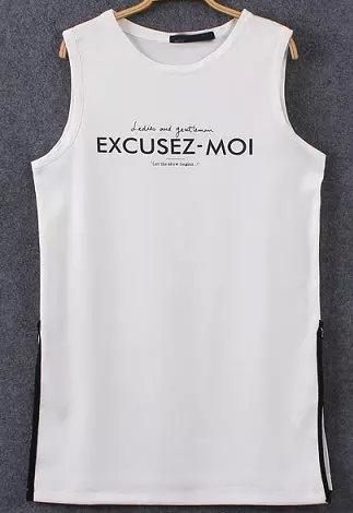 Romwe White Round Neck Letters Print Split T-shirt