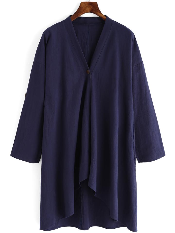 Romwe V Neck Dip Hem Loose Blue Coat