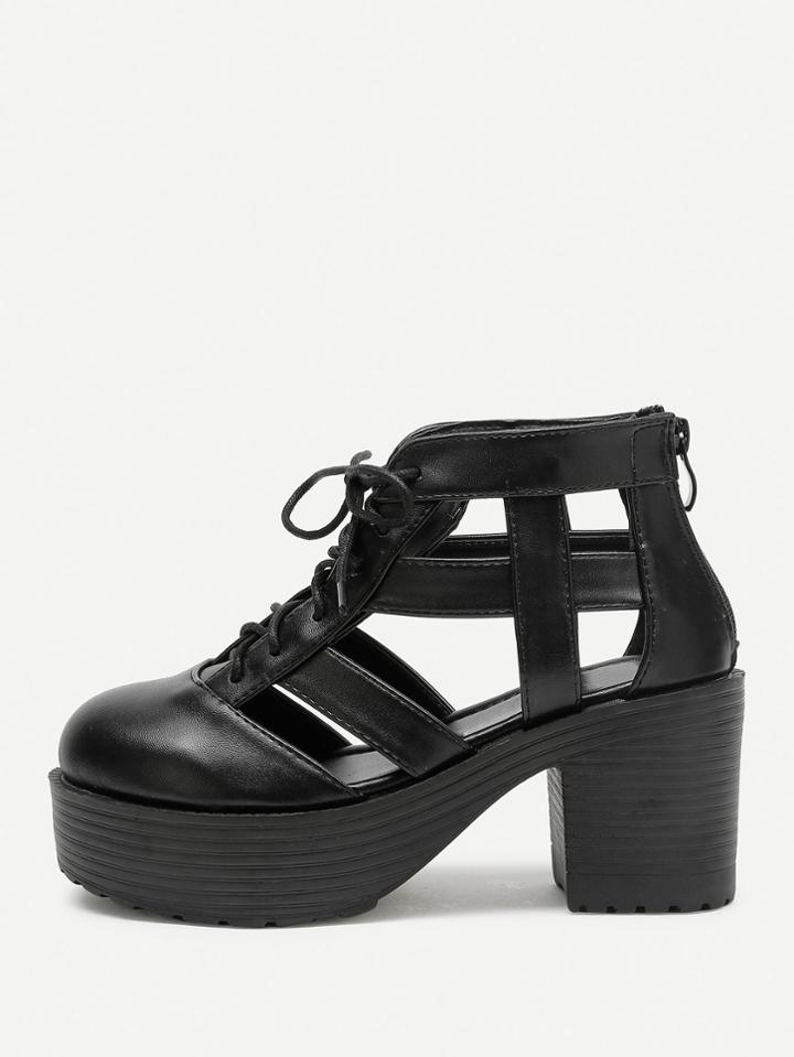 Romwe Caged Design Lace Up Platform Heeled Shoes
