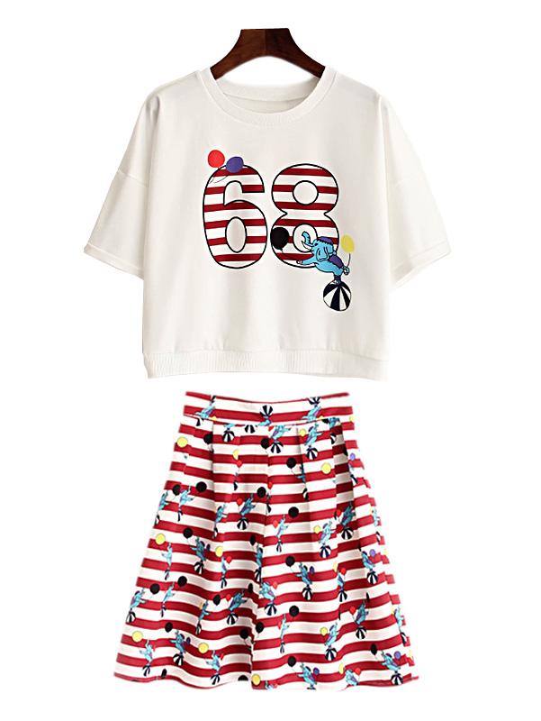 Romwe Multicolor Short Sleeve Print T-shirt With Pleated Skirt