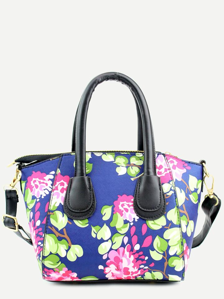 Romwe Blue Floral Print Handbag With Strap