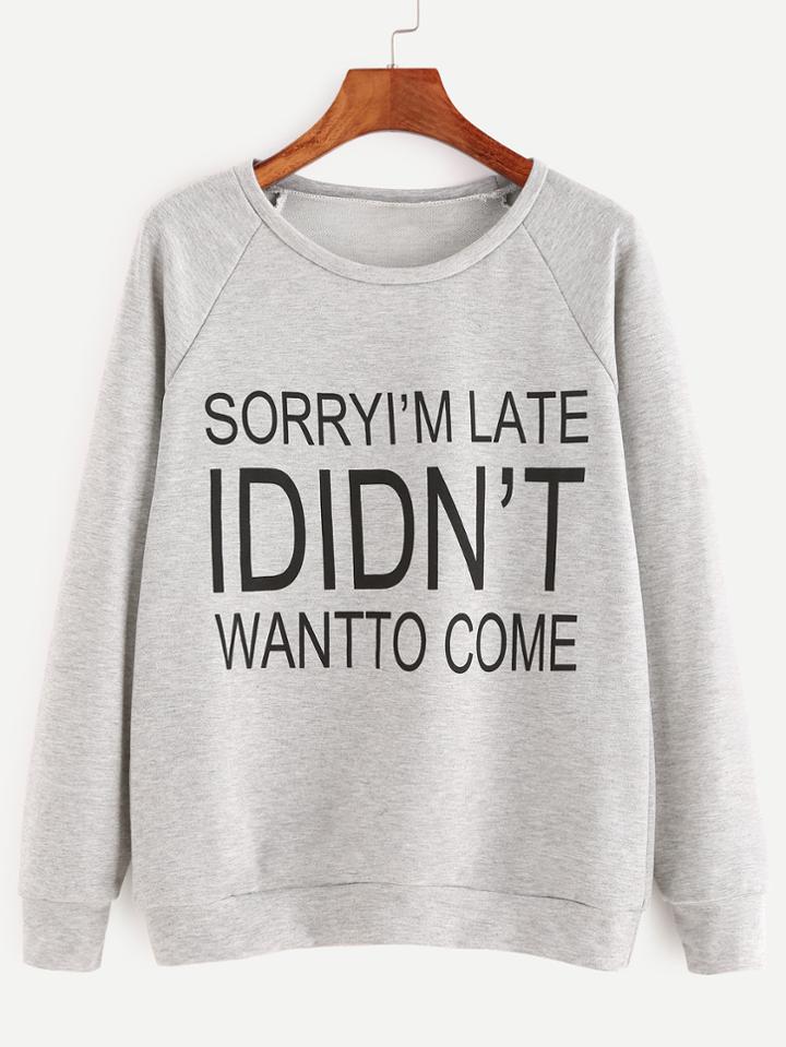 Romwe Heather Grey Letter Print Raglan Sleeve Sweatshirt