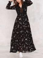 Romwe Black Flower Print Ruffle Cuff Maxi Chiffon Dress