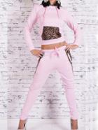 Romwe Hooded Leopard Pocket Top With Drawstring Pink Pant