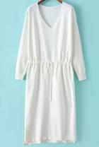 Romwe White V Neck Drawstring Waist Split Dress