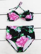Romwe Calico Print Bow Detail High Waist Bikini Set