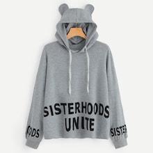 Romwe Drawstring Letter Hoodie With Ears