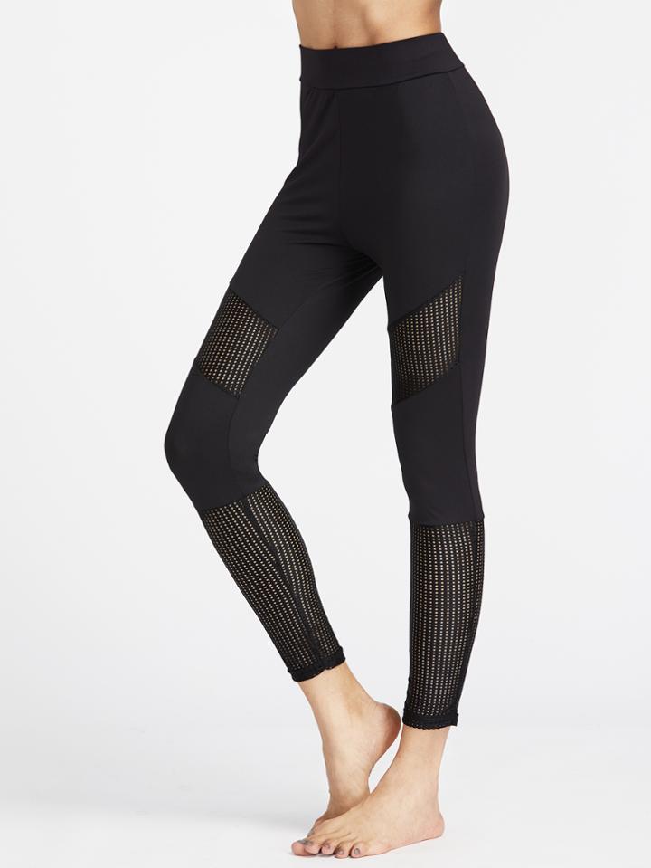 Romwe Black Eyelet Mesh Leggings