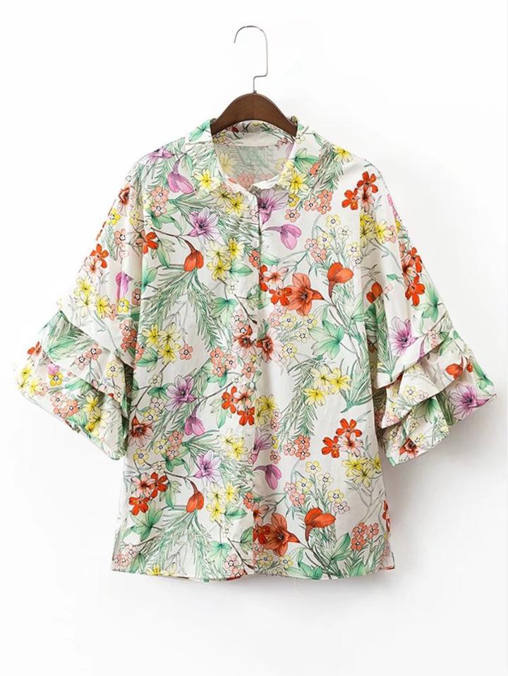 Romwe Layered Ruffle Sleeve Floral Blouse