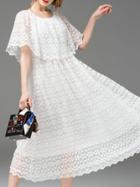 Romwe White Embroidered Gauze Cape Scallop Dress