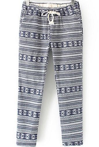 Romwe Drawstring Pocket Geometric Print Blue Pant
