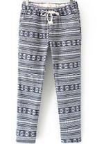 Romwe Drawstring Pocket Geometric Print Blue Pant