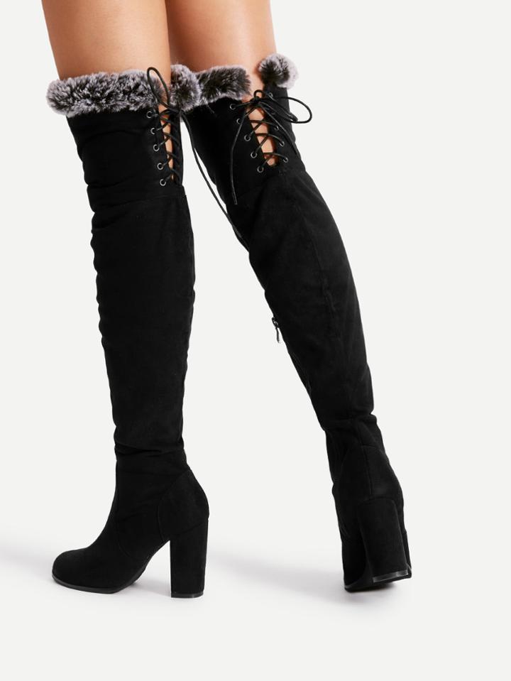 Romwe Faux Fur Trim Lace Up Suede Boots