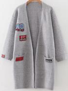 Romwe Grey Patch Collarless Cardigan With Pockets