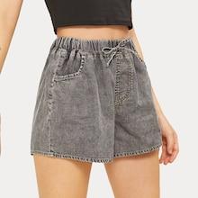 Romwe Knot Front Solid Denim Shorts
