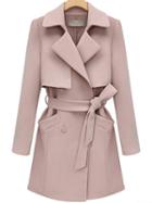 Romwe Lapel Double Breasted Belt Long Pink Coat