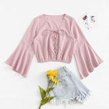 Romwe Lace Up Flounce Sleeve Solid Top