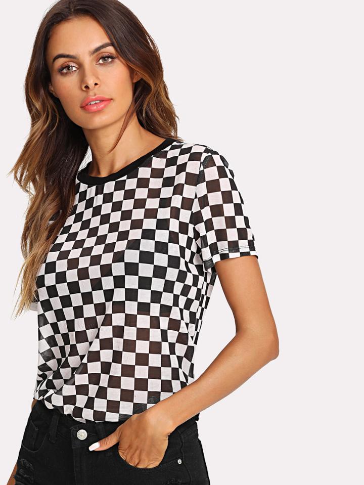 Romwe Checkered Print Semi Sheer Tee