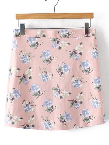 Romwe Pink Floral Zipper Side Skirt