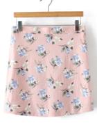 Romwe Pink Floral Zipper Side Skirt