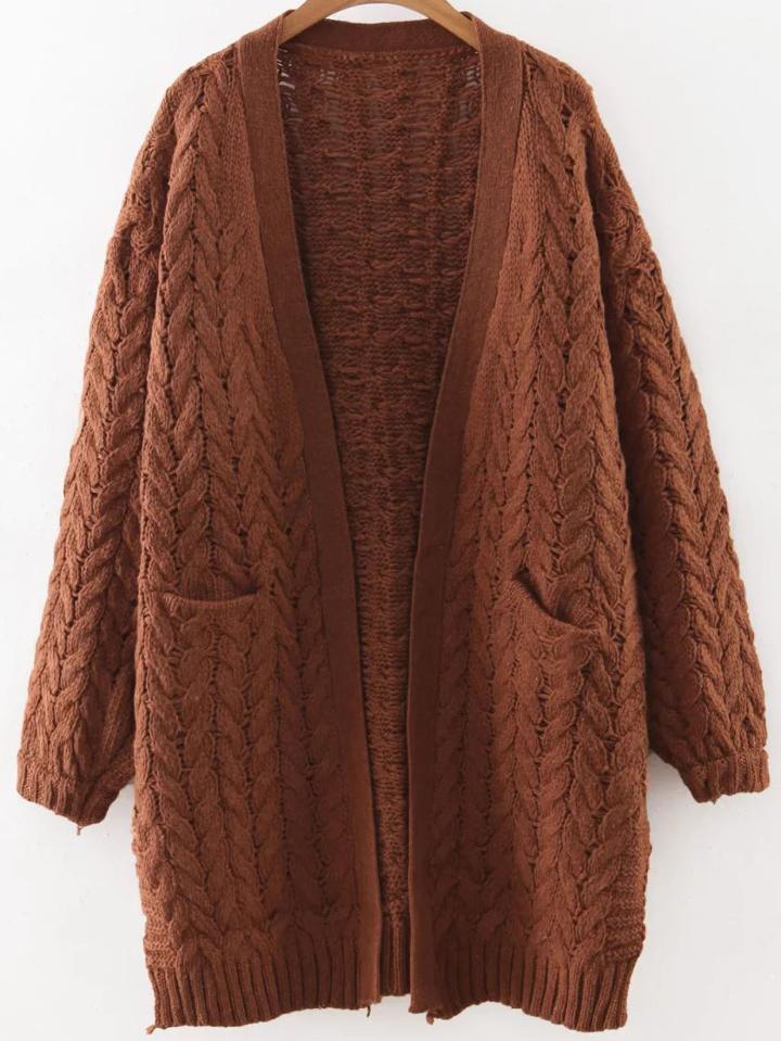 Romwe Brown Open Front Cable Knit Sweater Coat With Pocket