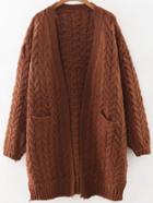 Romwe Brown Open Front Cable Knit Sweater Coat With Pocket