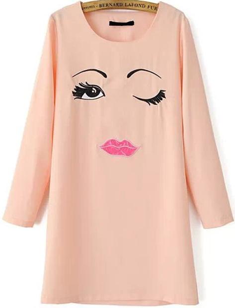 Romwe Face Embroidered Chiffon Dress