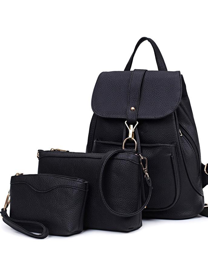 Romwe Embossed Faux Leather 3pcs Bag Set - Black