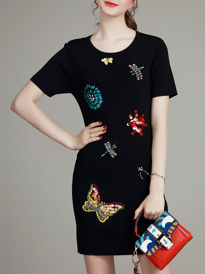 Romwe Black Sequined Beading Embroidered Sheath Dress