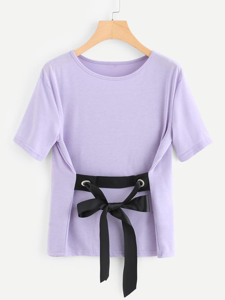 Romwe Ribbon Tie Waist T-shirt