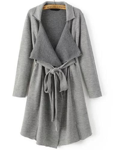 Romwe Grey Shawl Collar Long Sweater Coat With Belt
