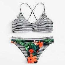 Romwe Floral And Striped Print Bikini Set