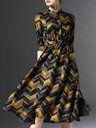 Romwe Colorful Chevron Belted A-line Dress