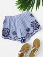 Romwe Scallop Edge Embroidered Pinstripe Shorts