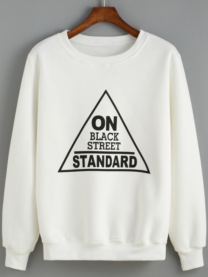 Romwe Triangle Print Loose White Sweatshirt