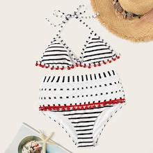 Romwe Pom Pom Triangle Top With High Waist Bikini