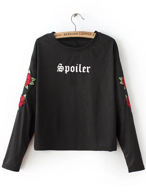 Romwe Black Floral Embroidery Drop Shoulder Sweatshirt