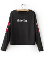 Romwe Black Floral Embroidery Drop Shoulder Sweatshirt
