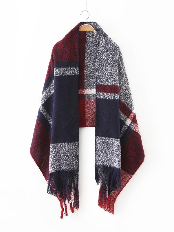 Romwe Navy Tone Plaid Long Fringe Shawl Scarf