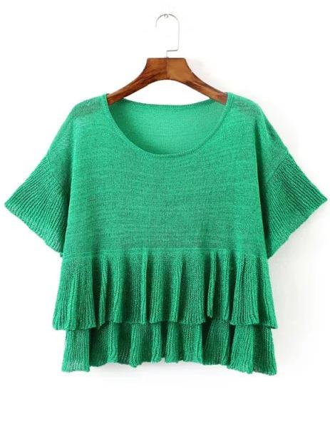 Romwe Bell Sleeve Peplum Hem Green Sweater